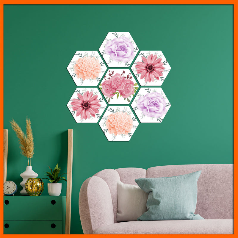 Multi Color Flower Hexagonal Canvas Wall painting - 7pcs
