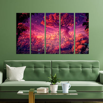 Midnight Tree With Light Scenery Canvas Wall Painting - With 5 Panel