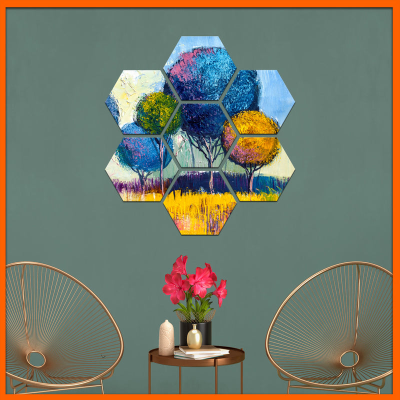 High On Happiness Colorful Artistic Tree Hexagonal Canvas Wall Painting - 7pcs