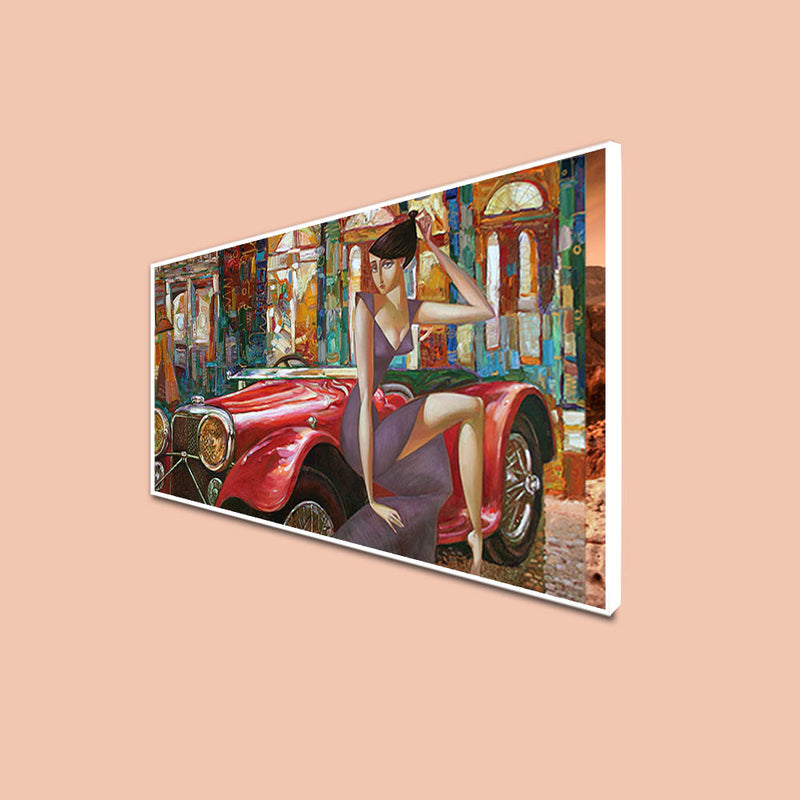 Girl With Car Abstract Floating Frame Canvas Wall Painting