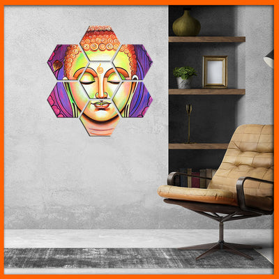 Acrylic Color Portrait Buddha Hexagonal Canvas Wall Painting - 7pcs
