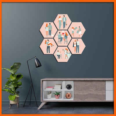 Couple Illustration Hexagonal Canvas Wall Painting - 7pcs