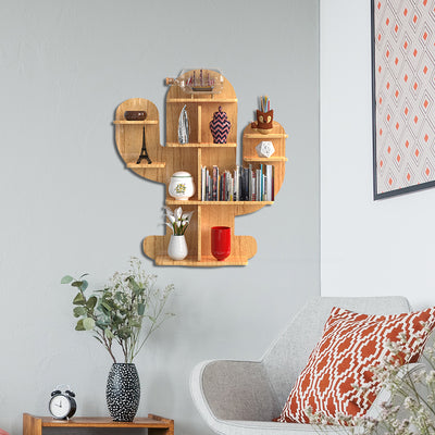 Cactus Shape Wood Wall Shelf / Book Shelf, Oak Finish