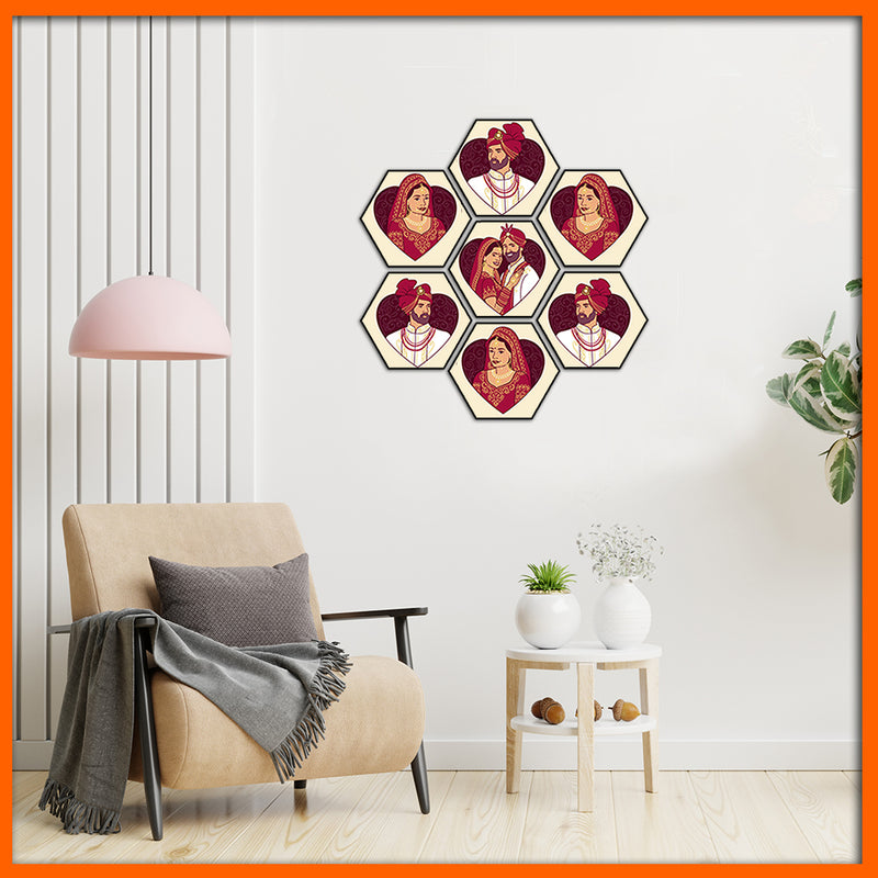 Bride & Groom Hexagonal Canvas Wall Painting - 7pcs