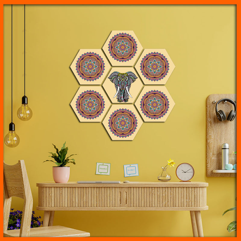 Mandala Pattern Elephant & Flower Hexagonal Canvas Wall Painting - 7pcs