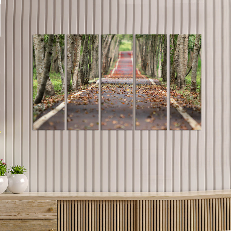 Autumn Road View Canvas Wall Painting - With 5 Panel