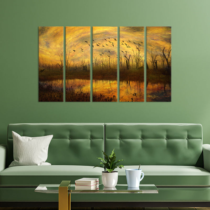 Abstract Village View Painting Canvas Wall Painting - With 5 Panel