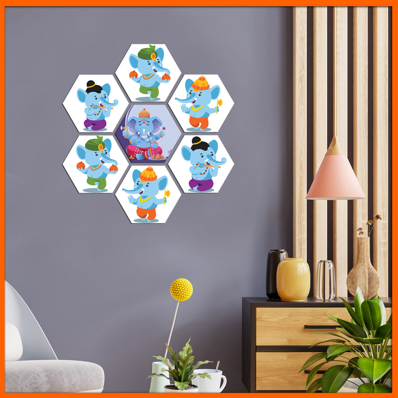 Cute Little Ganesha Hexagonal Canvas Wall Painting