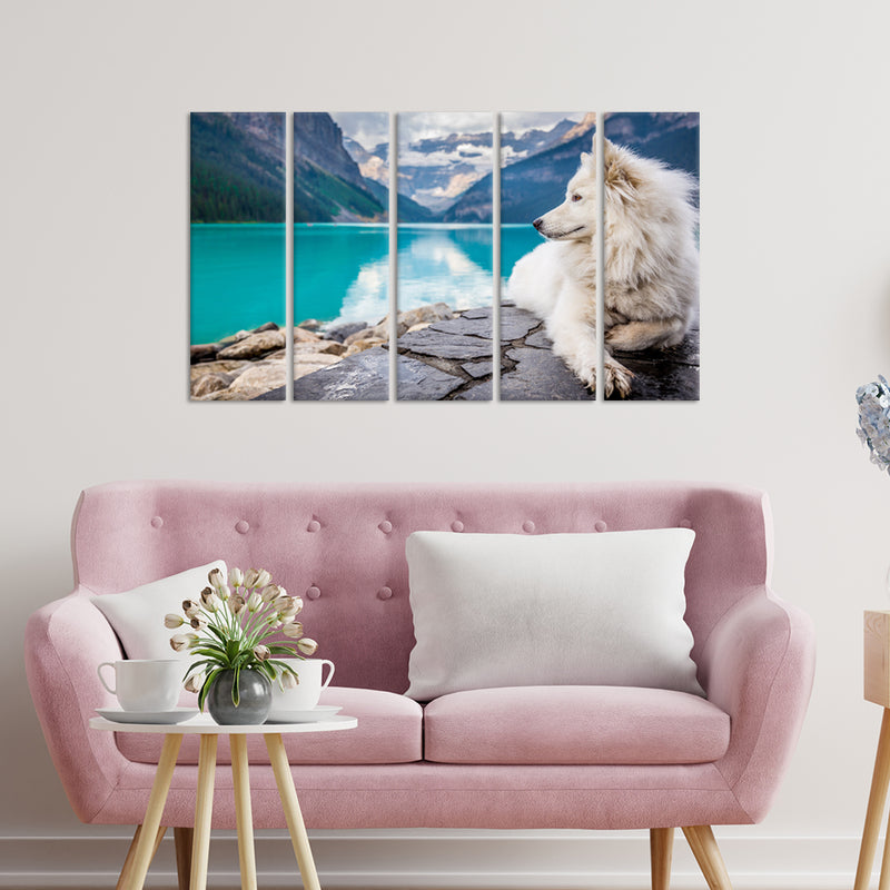 A White Dog Sitting On A Rock Canvas Wall Painting - With 5 Panel