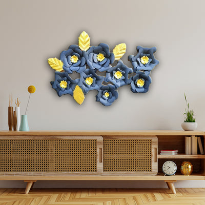 Blue and Yellow Abstract Flower Large Metal Wall Art