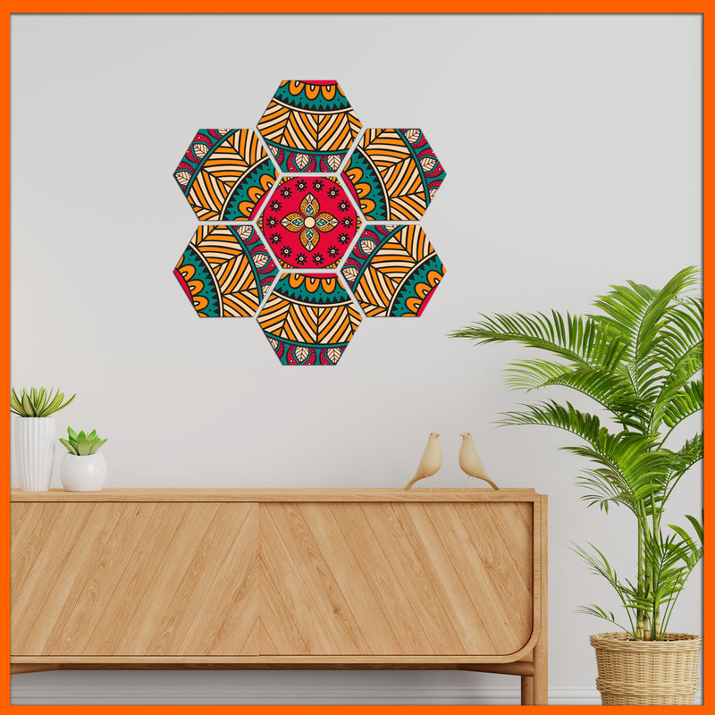 Beautiful Flower Pattern Hexagonal Canvas Wall Painting - 7pcs