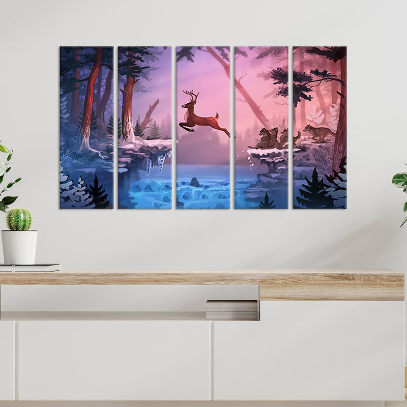 Abstract Deer Canvas Wall Painting - With 5 Panel