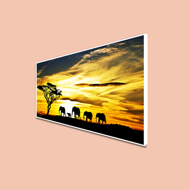 Beautiful View of Elephant Family Canvas Floating Frame Wall Painting