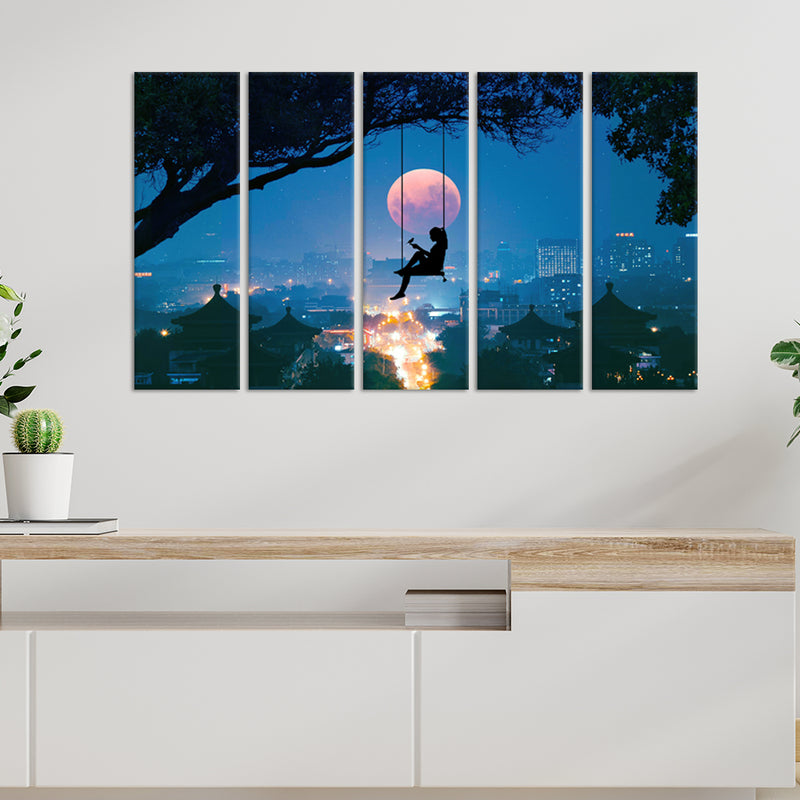 Night View With Moon & Girl Canvas Wall Painting - With 5 Panel