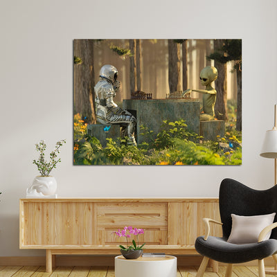 Alien and robot playing chess Together Canvas Wall Painting