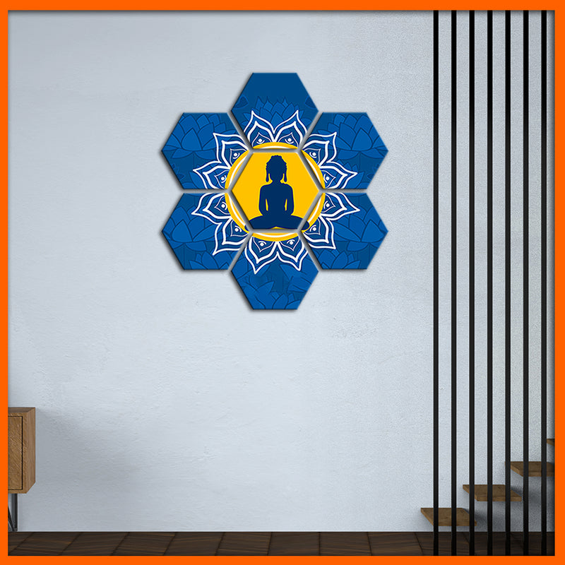 Buddha With Mandala Hexagonal Canvas Wall Painting - 7pcs