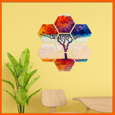 Multi color Tree Hexagonal Canvas Wall Painting