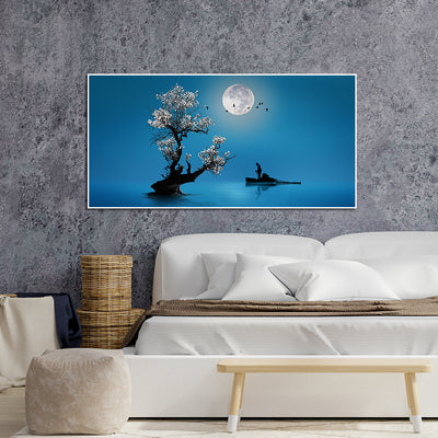Fishing Under The Moon Light Canvas Floating Frame Wall Painting