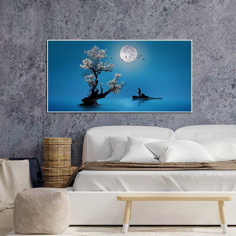 Fishing Under The Moon Light Canvas Floating Frame Wall Painting