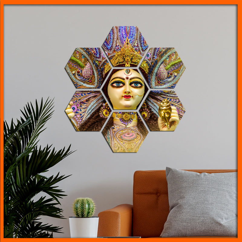 Elegant Durga Maa Face Hexagonal Canvas Wall Paintings