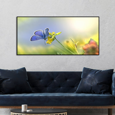 Blue Butterfly Sitting On Flower Floating Frame Canvas Wall Painting