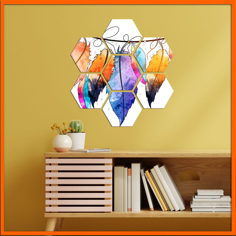 Boho Feather Design Hexagonal Canvas Wall Painting - 7pcs
