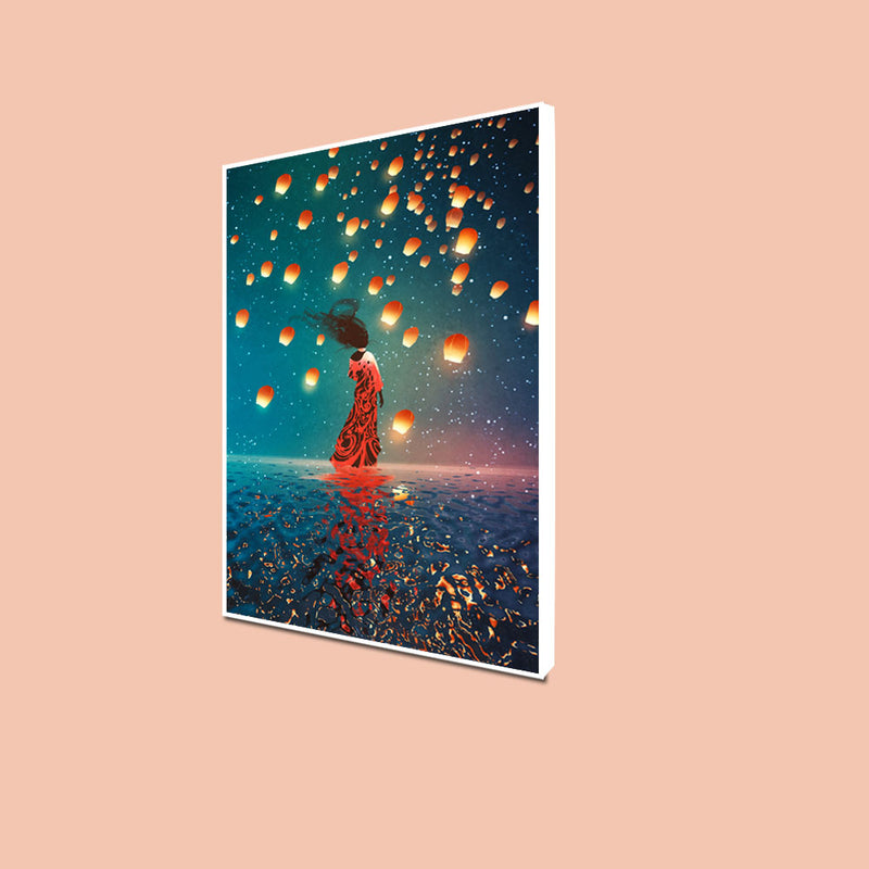 Girl With Sky Lanterns Floating Frame Canvas Wall Painting