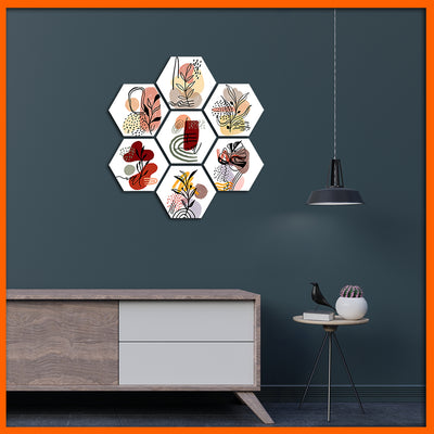 Boho Flowers Hexagonal Canvas Wall Painting - 7pcs
