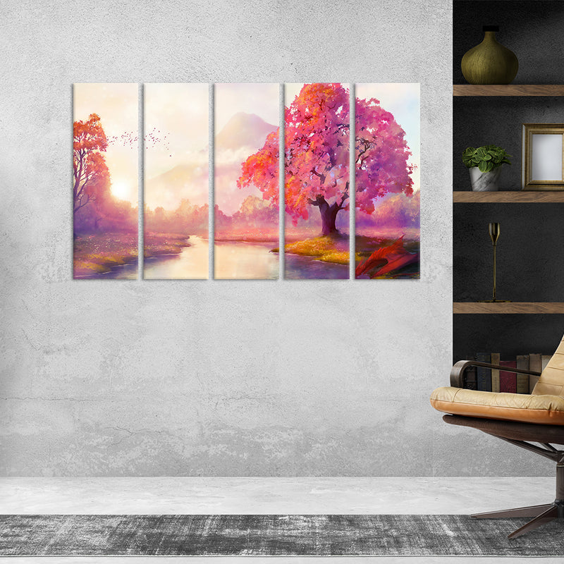 Autumn Tree Modern Art Painting Canvas Wall Painting - With 5 Panel