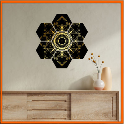 Golden Flower On Black Background Hexagonal Canvas Wall Painting - 7pcs