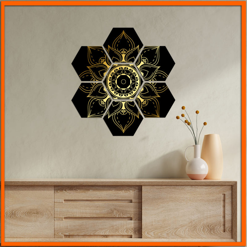 Golden Flower On Black Background Hexagonal Canvas Wall Painting - 7pcs