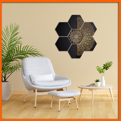 Beautiful Golden Half Flower Hexagonal Canvas Wall Paining - 7pcs