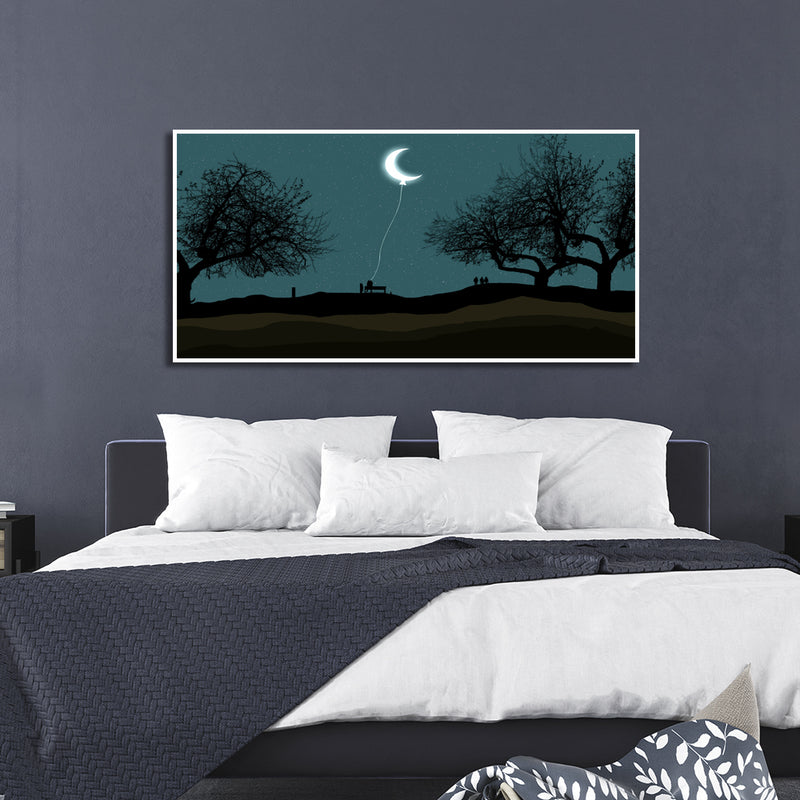 Moon Hanging With Rope Night Scenery Canvas Floating Frame Wall Painting