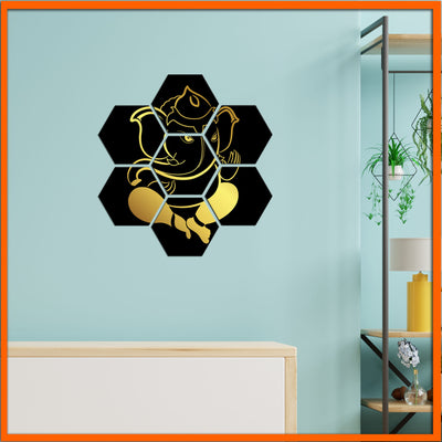 Golden Ganesha Hexagonal Canvas Wall Painting