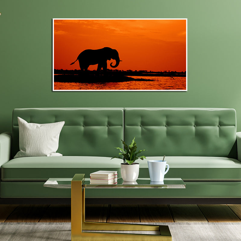 Elephant During Sunset Canvas Floating Frame Wall Painting