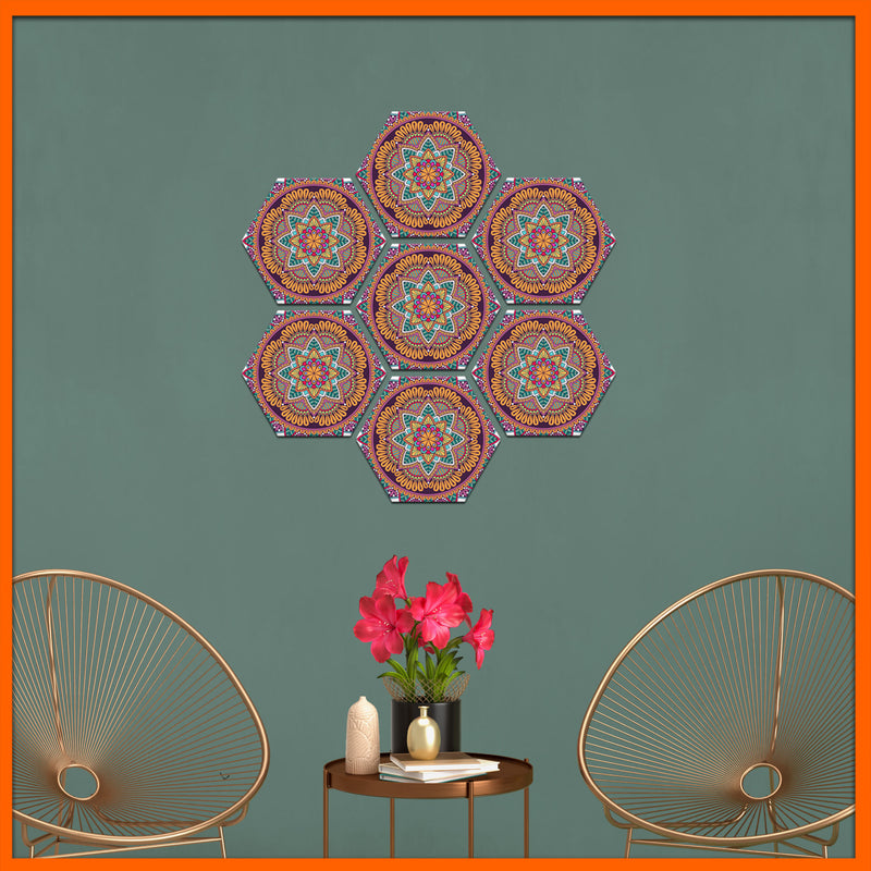 Colorful Mandala Flower Hexagonal Canvas Wall Painting - 7pcs