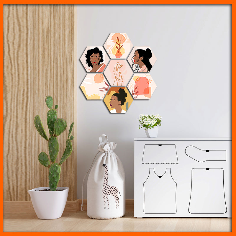Multi Type Illustration Hexagonal Canvas Wall Painting - 7pcs