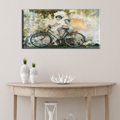Kids On Old Bicycle Artistic View Canvas Wall Painting