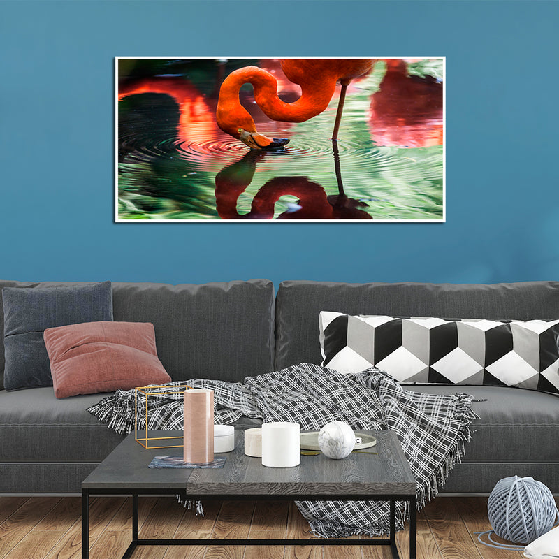 A Pink Flamingo Drinking Water Canvas Floating Frame Wall Painting