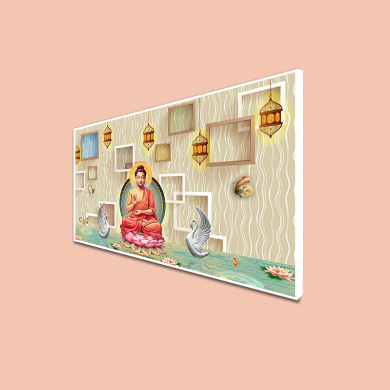 Buddha On Lotus With Swans Floating Canvas Wall Painting