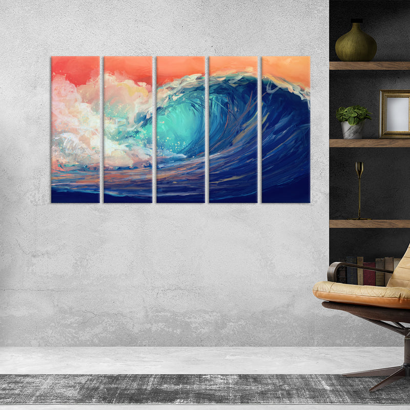 Colourful Sea Waves Canvas Wall Painting - With 5 Panel