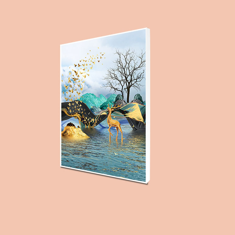 Golden Deer In Water View Floating Frame Canvas Wall Painting