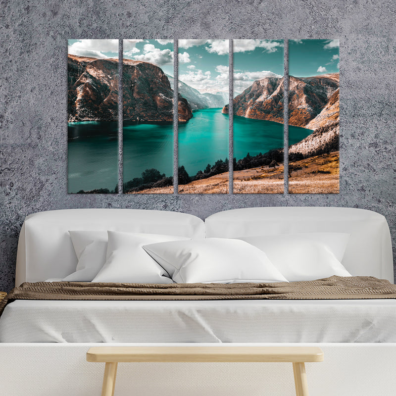 Moraine Lake Mountain View Canvas Wall Painting - With 5 Panel