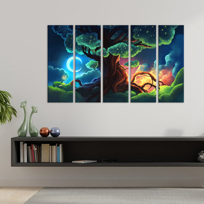 Illustration Tree Canvas Wall Painting - With 5 Panel