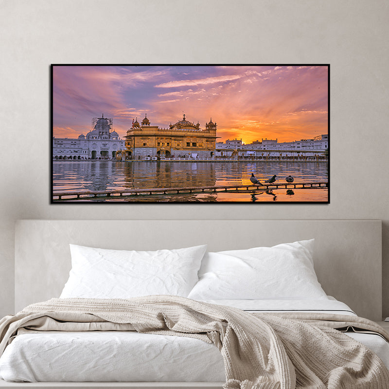 Golden Temple Sunset View Canvas Floating Frame Wall Painting