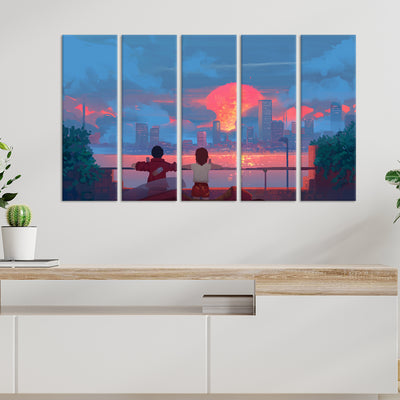 Couple Illustration Canvas Wall Painting - With 5 Panel
