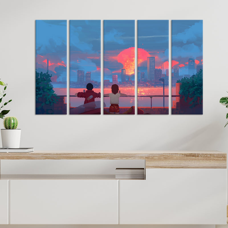 Couple Illustration Canvas Wall Painting - With 5 Panel