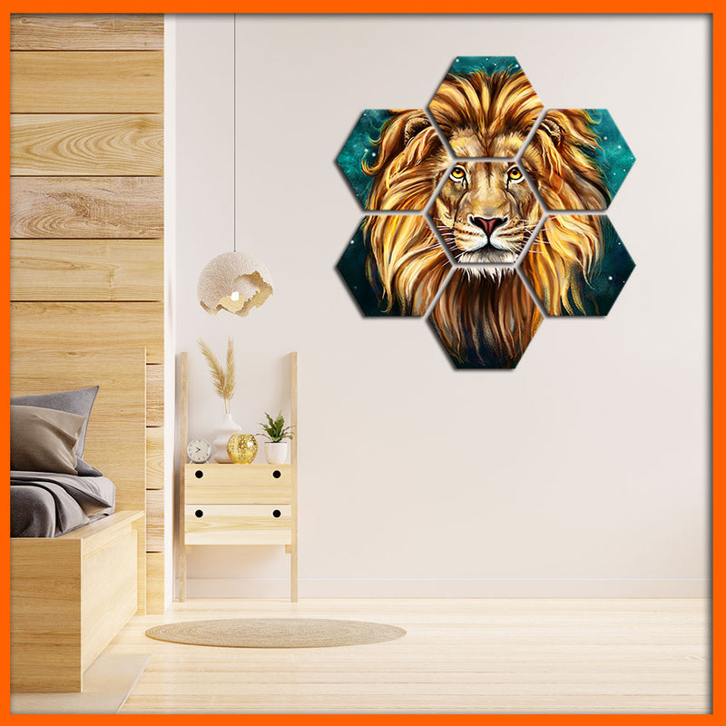Lion Face Hexagonal Canvas Wall Painting - 7pcs