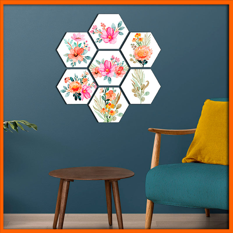 Bohemian Modern Flowers Hexagonal Canvas Wall Paintings - 7pcs