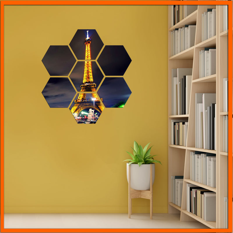 Eiffel Tower Night View Hexagonal Canvas Wall Painting - 7pcs